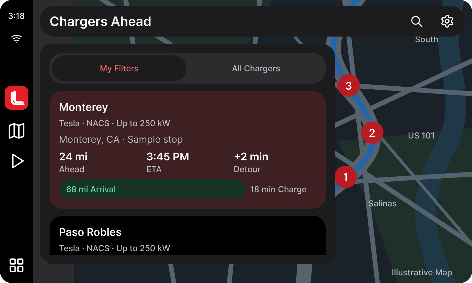 Teslane CarPlay · Find a charger with illustrative California data