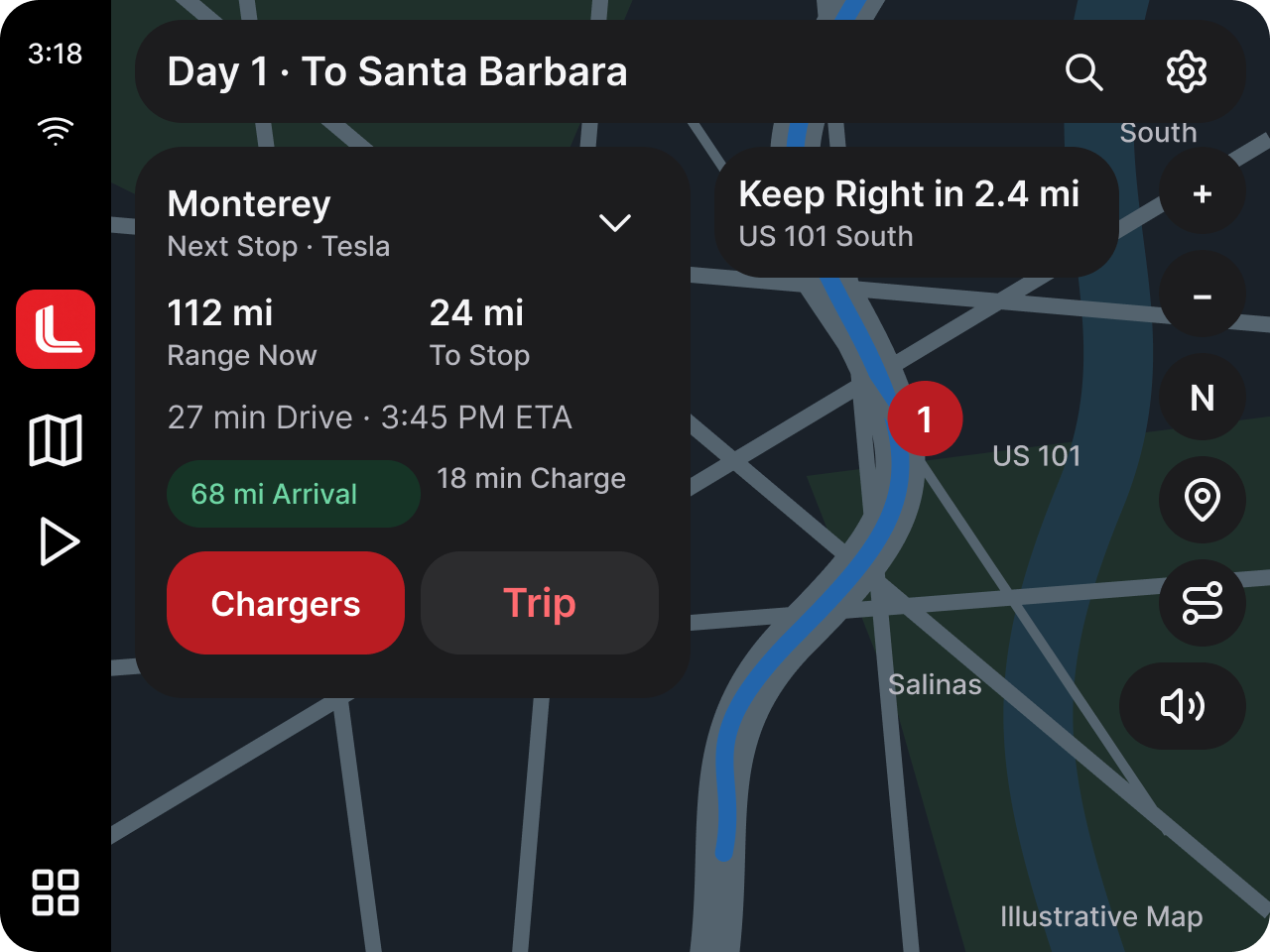 Teslane CarPlay · Route guidance with illustrative California data