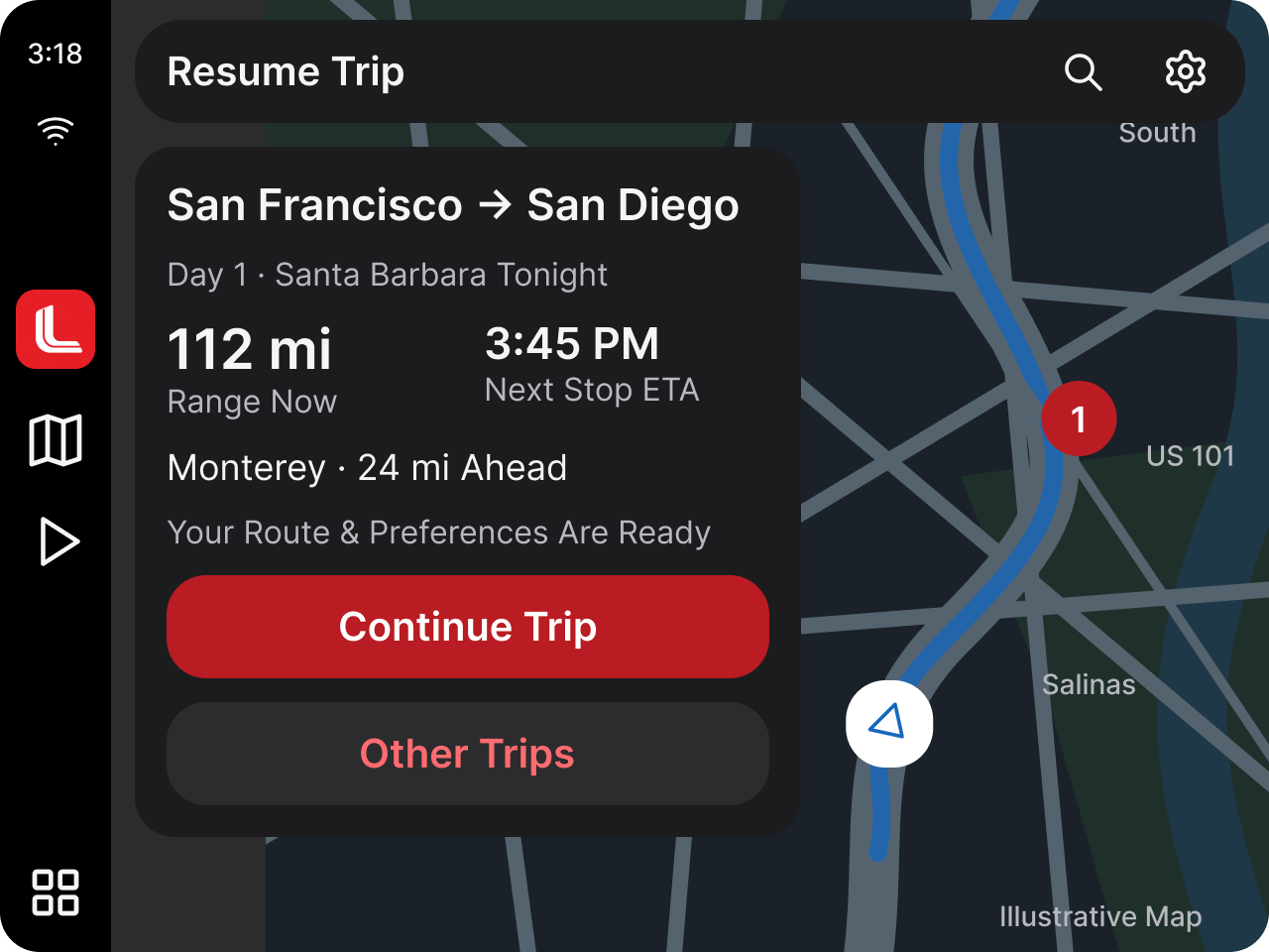 Teslane CarPlay · Resume a trip with illustrative California data
