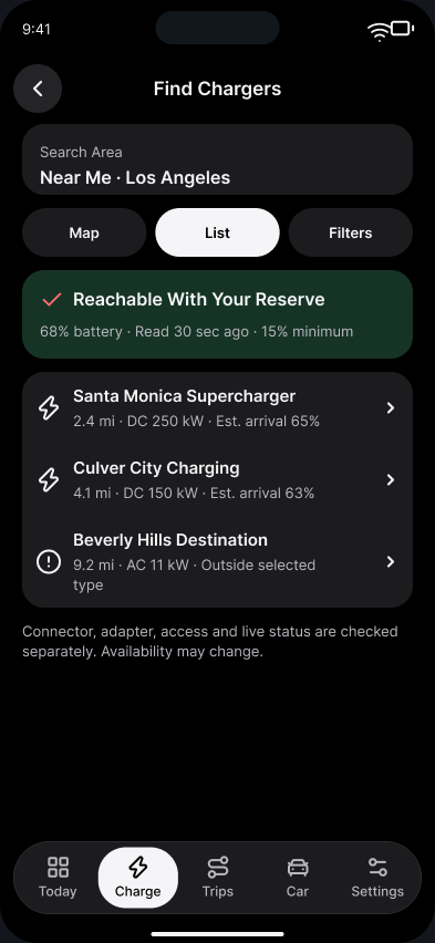 Teslane Find chargers · List with illustrative California data