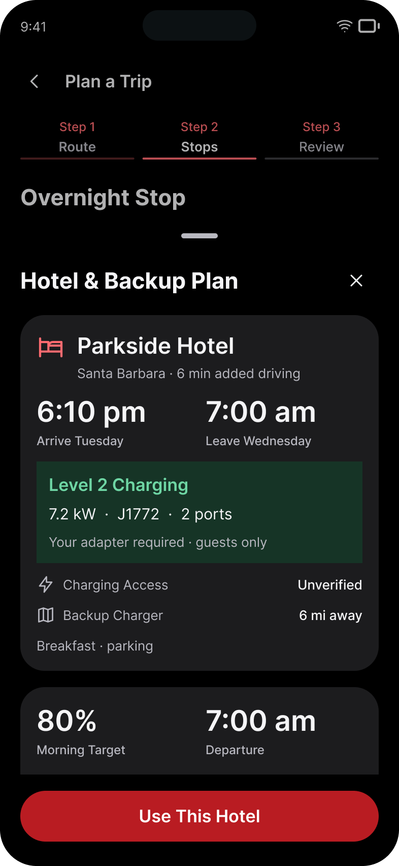 Teslane Overnight stop with illustrative California data
