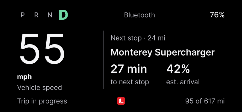 Teslane HUD · Trip guidance with illustrative California data
