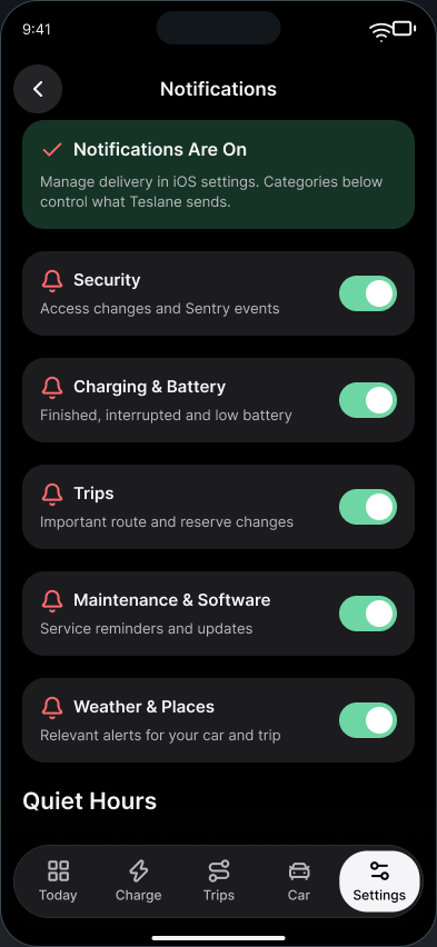 Teslane Notification preferences with illustrative California data